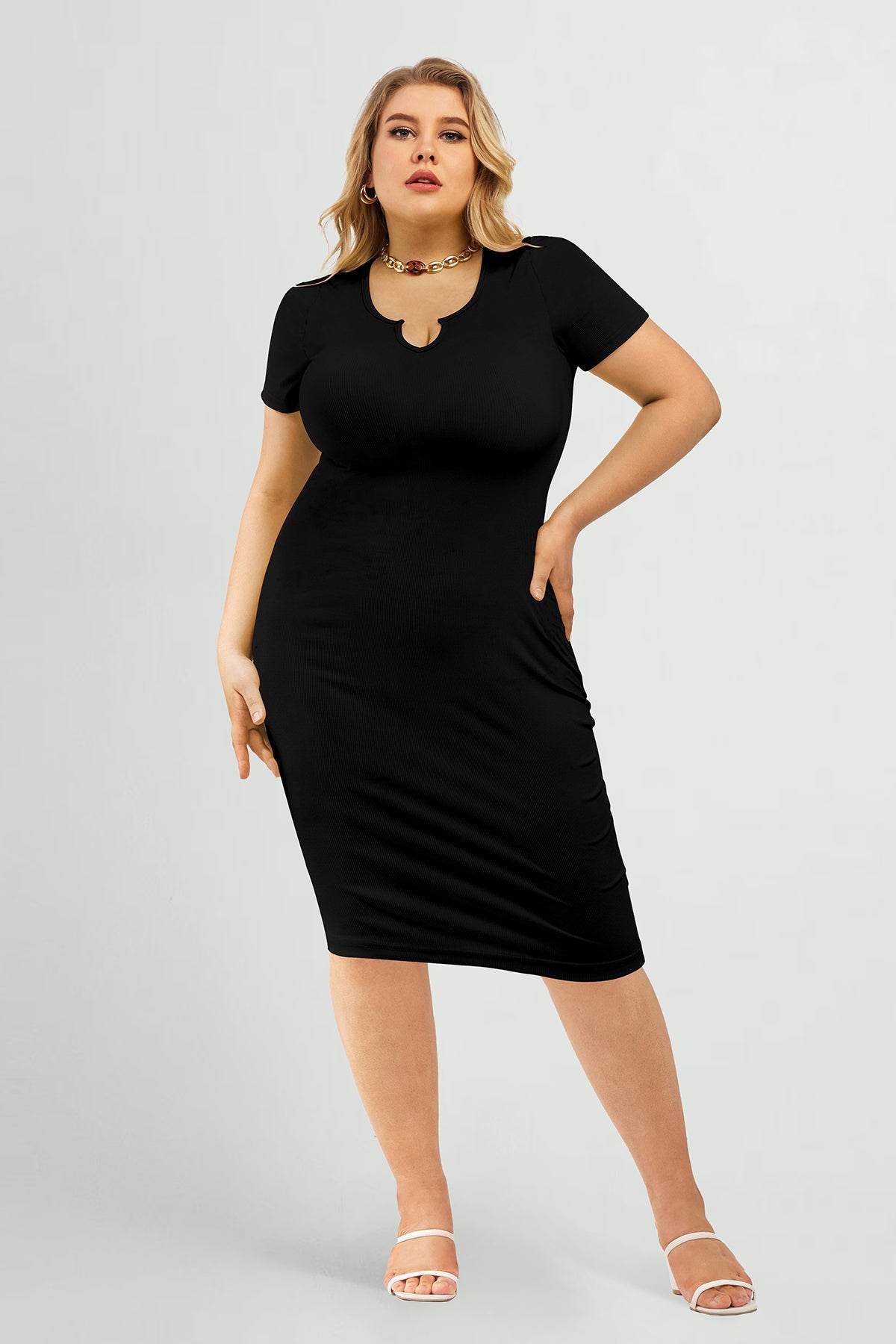 Plain Black Keyhole Sexy Neck Elastic Bodycon Dress