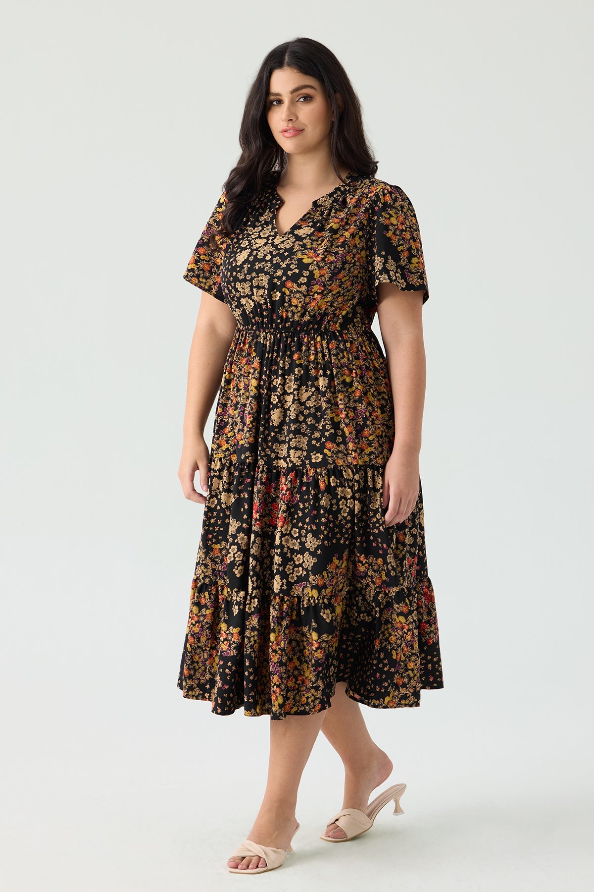 Ritera Pockets Elasticated Waist Tiered Casual Chic Midi Dress