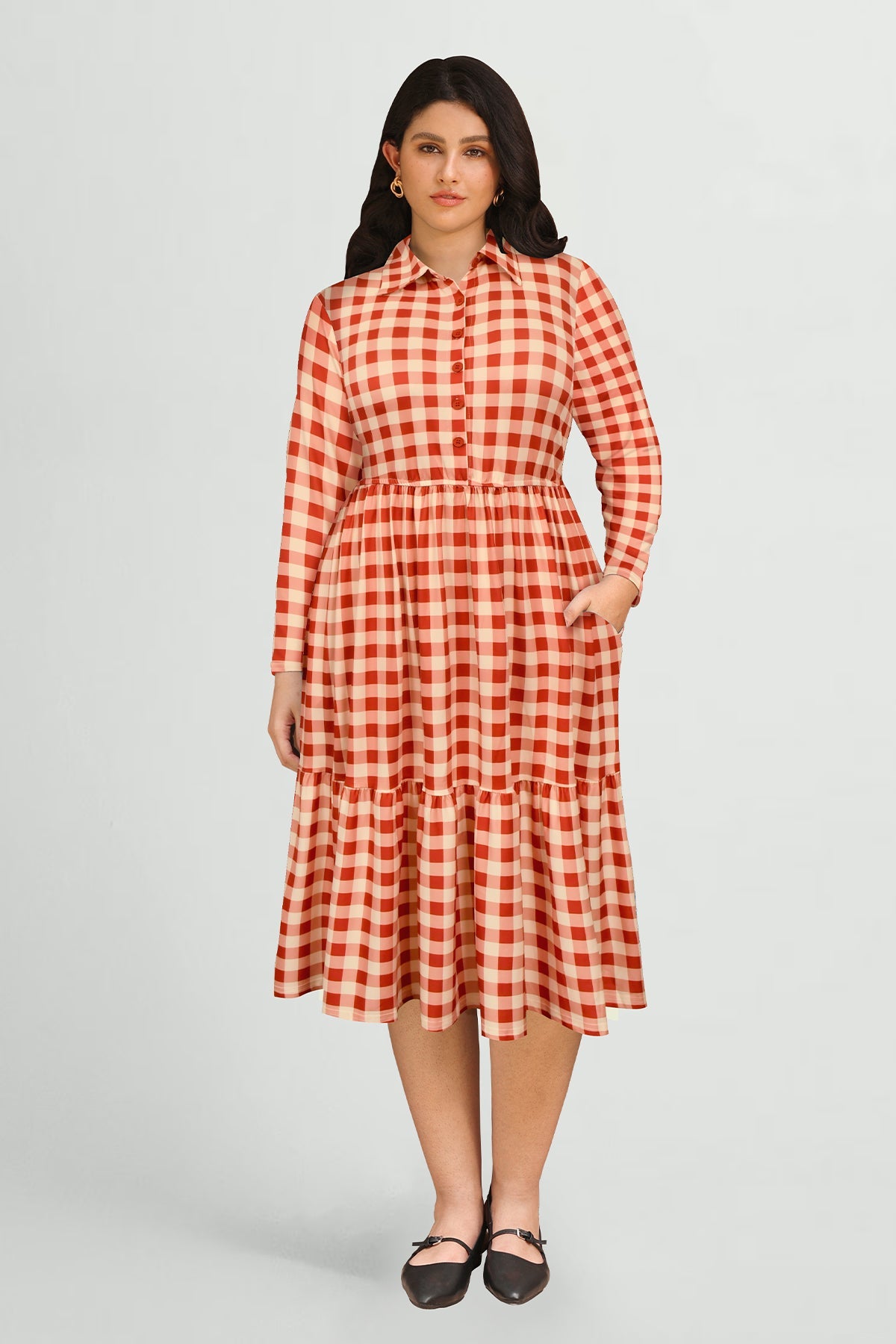 Ritera Pockets Gingham Check Print Tiered Midi Dress