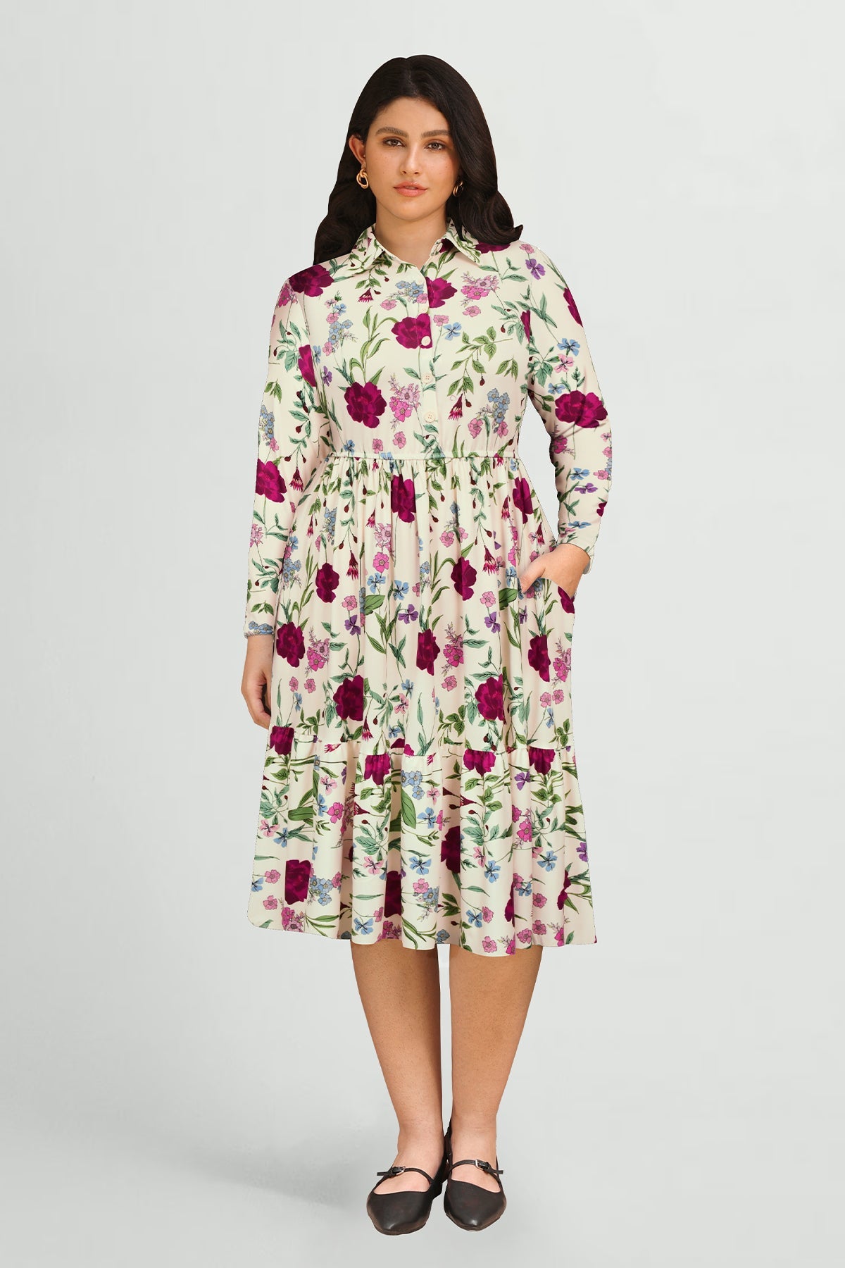 Ritera Pockets Vibrant Floral Tiered Midi Shirtdress